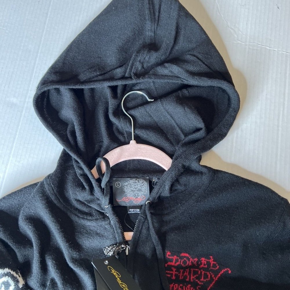 ED HARDY L Hooded Wool Blend Zip Knit Sweater Cardigan Scull LOVE KILLS SLOWLY - Picture 12 of 14